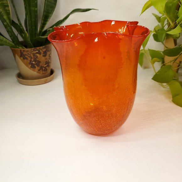 Vintage Blenko 404S Tangerine Orange Crackle Glass Vase - Picture 3 of 7